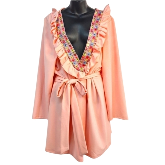 SHEIN Blush Pink Embroidered Dress Top V-Neck Ruffle Size 3XL - Picture 1 of 9